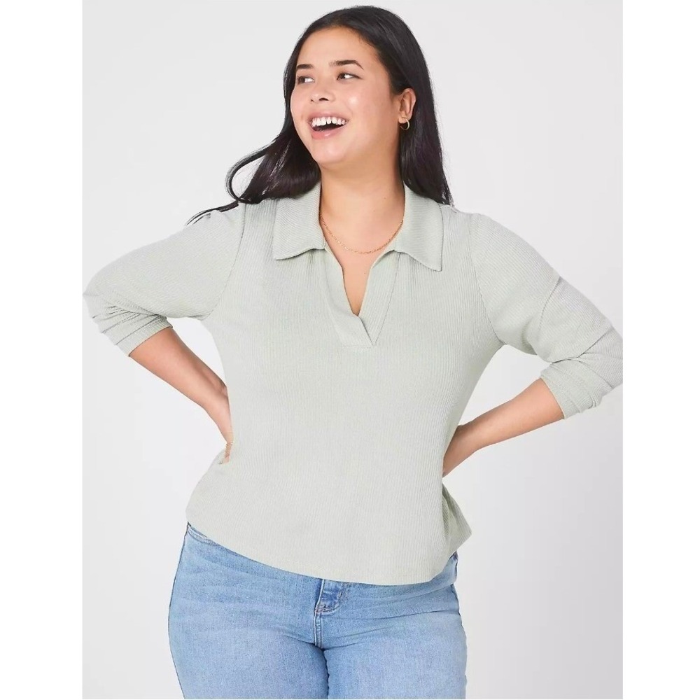 NEW Lane Bryant Classic Cropped V-Neck Polo Ribbed Tee Womens‎ 18/20 Sage Green
